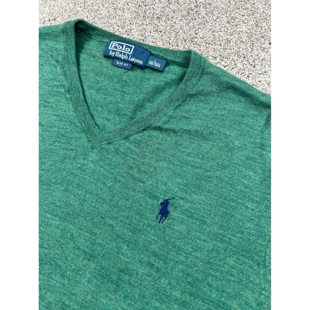 Polo Ralph Lauren Mens Green Merino Wool V-Neck Sweater Slim Fit Large #0782